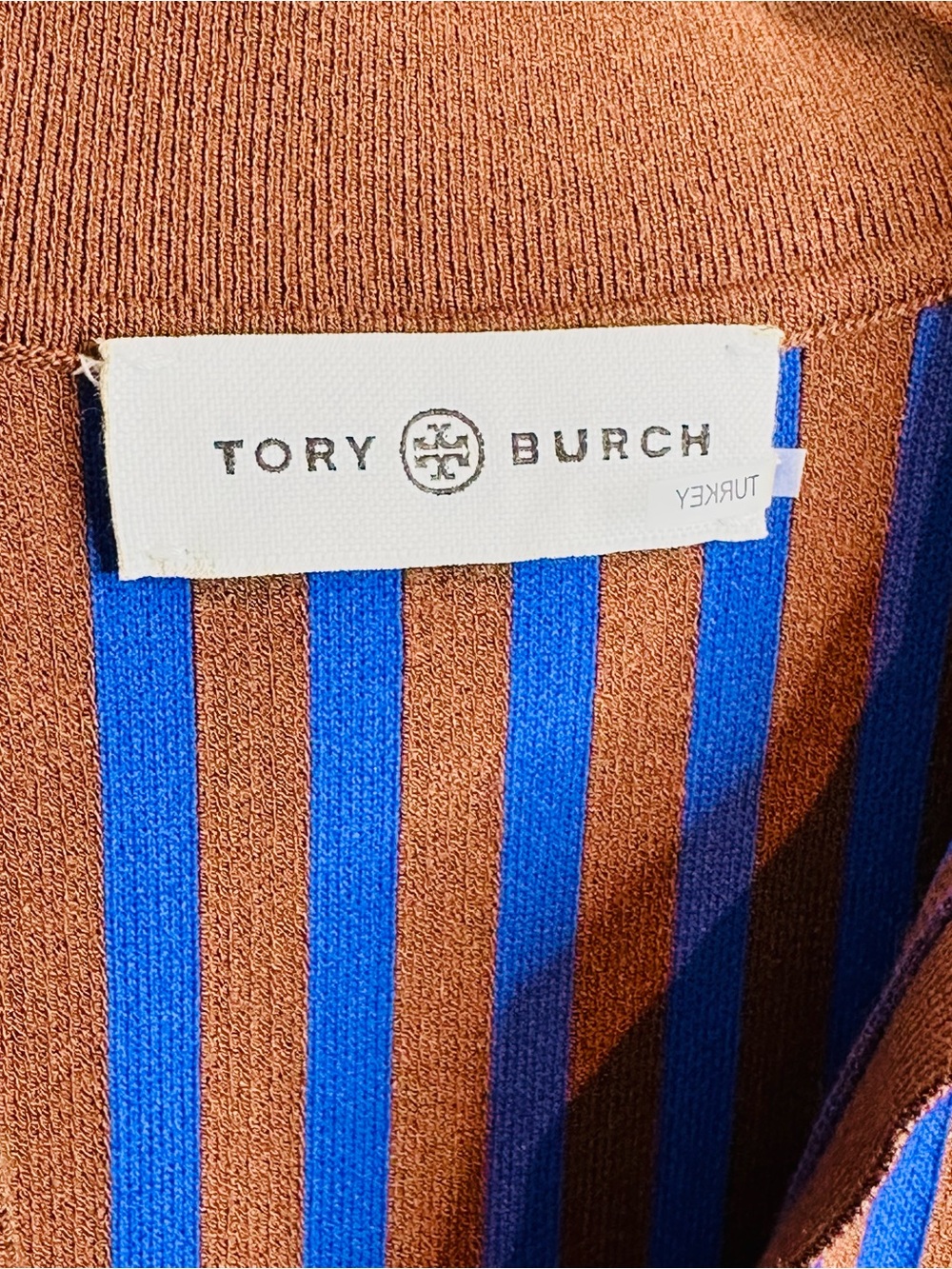 Tory Burch Chocolate Brown Soufflé Electric Blue Ink Striped Polo Midi Dress - Picture 10 of 15